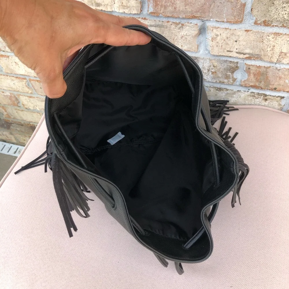 Victoria's Secret Black Fringe Drawstring Faux Leather Backpack